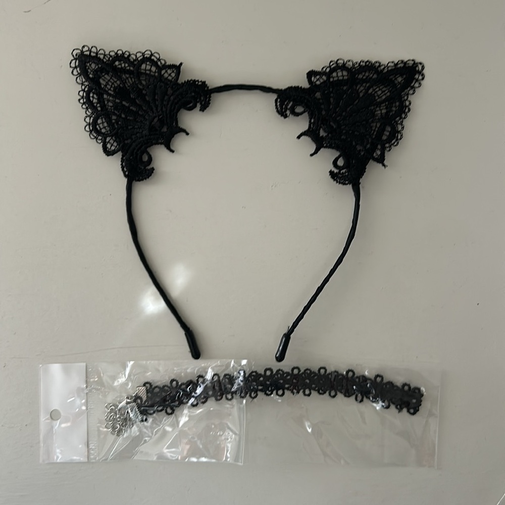 NWT black lace cat ears and adjustable choker necklace